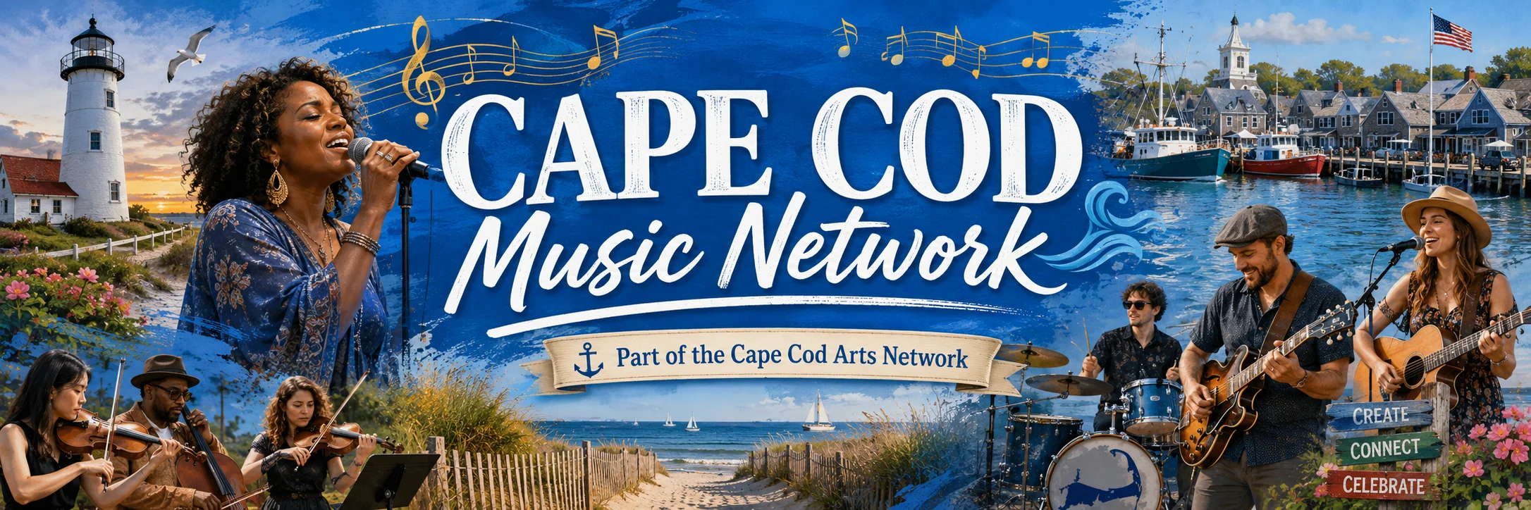 Cape Cod Music Network banner featuring Cape Cod scenery and musicians